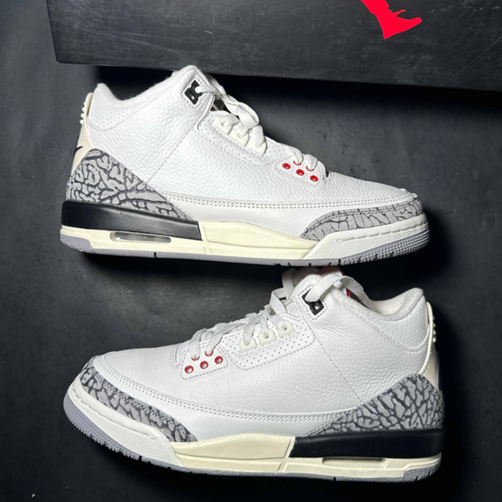 Jordan White Grey Elephant Print Sneakers with Red Accents